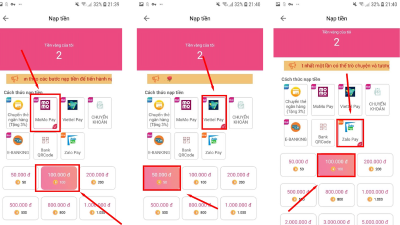 Momo/Zalo hoặc Viettel Pay