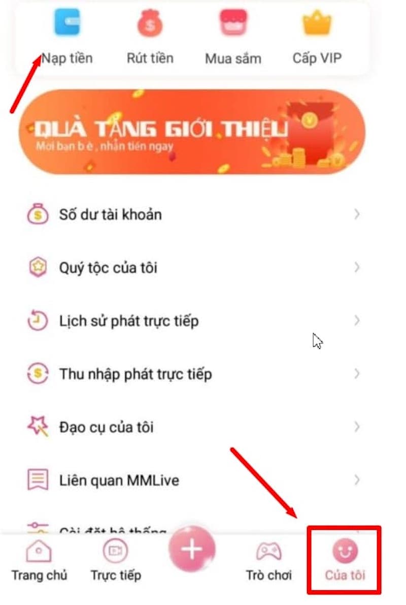 Chọn Nạp tiền 